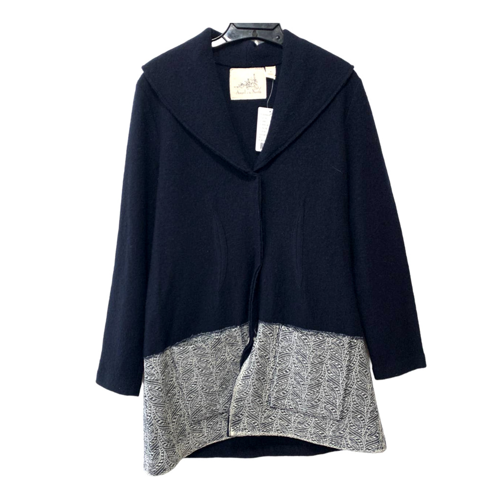 Anthropologie Angel of the North Navy Blue Leaf Lace WOOL Jacket Coat